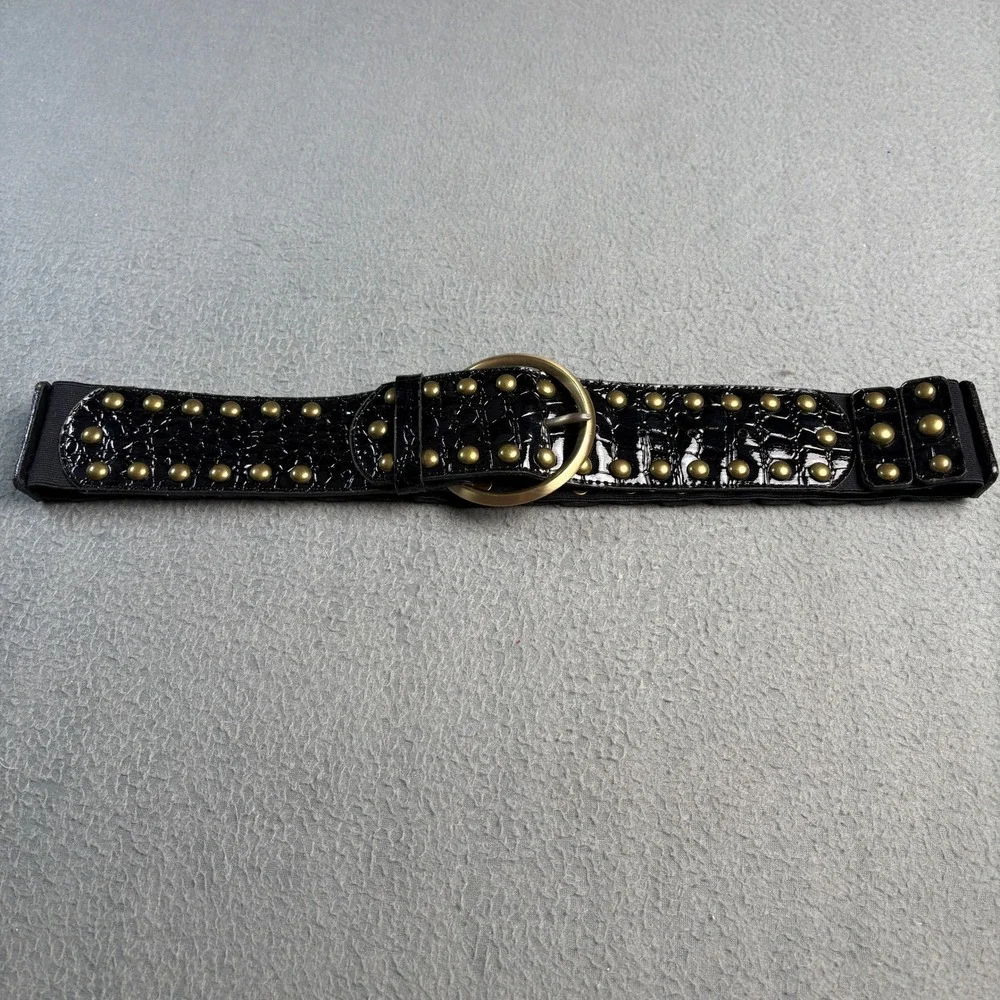 Black Faux Croc Studded Elastic Waist Belt Antique Brass Buckle Wide Statement